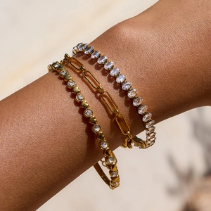 Gold stainless steel heart zircon bracelet set with tennis and link chains on wrist