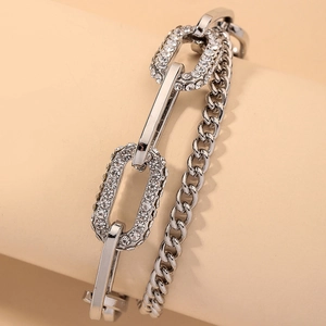 Silver double layer chain bracelet with rhinestone geometric link for women in minimalist style