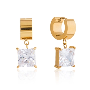 Detail of square-cut zircon drop earrings with 18K gold plated clasp on white background