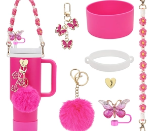 Pink silicone cup sleeve and straw cover accessories kit for Stanley tumblers