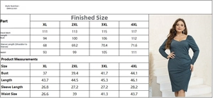 Detailed size chart for plus size ruched dress and model photo in dark teal color