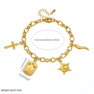 Gold stainless steel bracelet with starfish and cross charms shown with dimensions