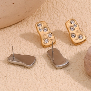 Abstract geometric 18K gold and silver plated stud earrings with sparkling white crystals