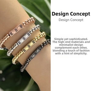 Macro detail of crown charms with micro-inlaid stones on four colorful beaded bracelets