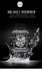 Macro shot of black tonneau waterproof watch dial with skeleton mechanical gears and water splash