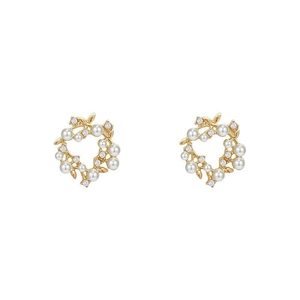 Elegant gold flower wreath earrings featuring white pearls and sparkling cubic zirconia