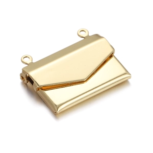 Macro view of gold-plated envelope-shaped locket pendant with double hanging loops