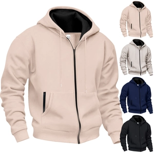 Detailed view showing men's zip-up hoodies in five colors including khaki and navy blue