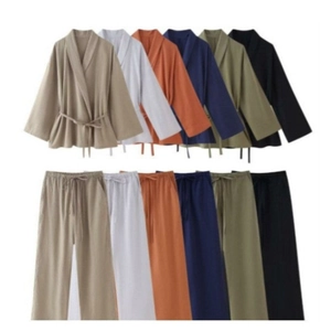 Kimono Wrap Top And Wide Leg Pants Women Casual Linen-Like Polyester V-Neck Tie-Waist Loungewear