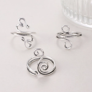 Minimalist silver spiral open rings with vintage wire wrap design and adjustable band