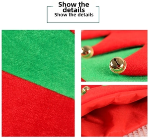 Detail showing red and green striped Christmas hat fabric with golden metal bells