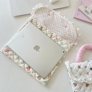 Detail of cartoon bear quilted laptop sleeve with lace trim and pink dot lining