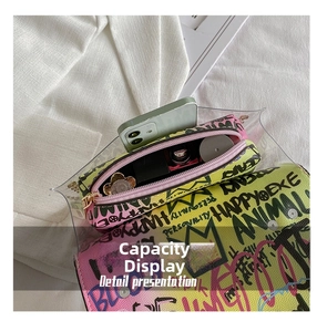 Detailed view of the transparent graffiti jelly bag showing interior capacity and inner pouch
