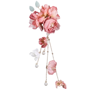 Traditional silk flower hair clip with pink blossoms and hanging pearl tassels