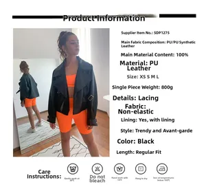 Détails de la veste en cuir PU noir montrant le col à revers et les éléments de laçage