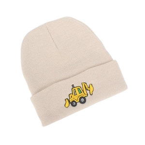 Detailed close-up of beige knitted beanie featuring yellow excavator embroidery