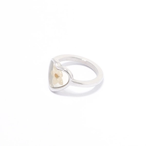 Detail van zilveren roestvrijstalen ring met hartvormige houder en gele gedroogde bloemen