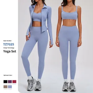 Ensemble de Yoga Slim Fit pour Femmes Veste Zippée Brassière de Sport et Leggings Taille Haute Vêtements de Sport en Nylon Élasthanne Brossé