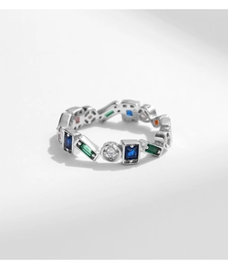 Macro detail of S925 sterling silver ring featuring colorful square cubic zirconia stones