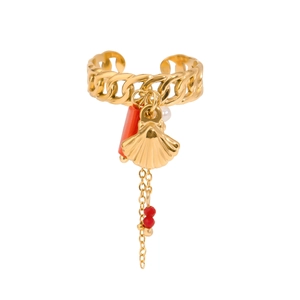 Bohemian Shell Artificial Pearl Coral Charm Ring Stainless Steel 18K Gold Plated Adjustable Open Band Jewelry For Women