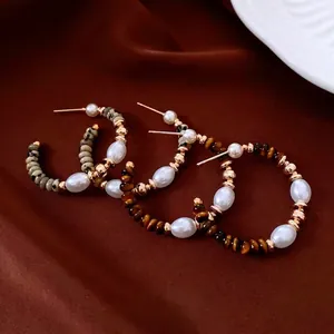 Orecchini A Cerchio A C Vintage Con Occhio Di Tigre Perla Artificial Sintetica Ottone E Perno In Argento Retrò Geometrico Da Donna