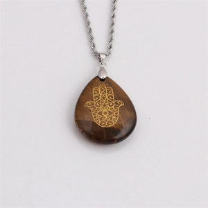 Tiger Eye stone Hamsa Hand teardrop pendant necklace with a silver twist chain