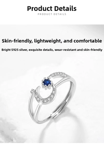 Detailed macro view of S925 sterling silver moon and star ring with blue zircon inlay