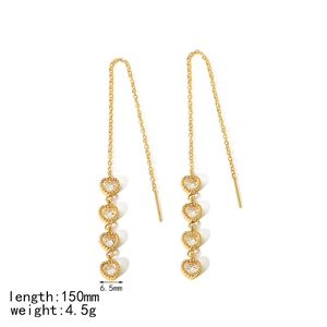 Fashion gold stainless steel long tassel chain earrings with heart zircon pendants for women