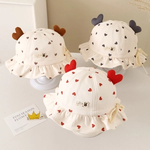 Baby Girls Bucket Hat Cotton Blend Heart Print Ruffled Brim Sun Protection Windproof Sweet Hat For Infants Toddlers