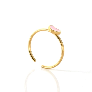 Adjustable golden stainless steel open ring with pink enamel heart bean design