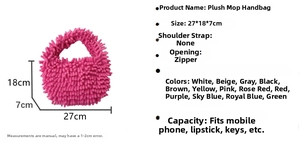 Detail view of pink mop plush handbag with dimensions 27x18x7cm and zipper closure