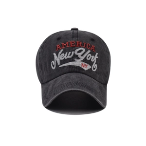 Washed cotton baseball cap in charcoal gray featuring embroidered New York America motif