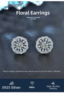 Macro detail of S925 sterling silver floral stud earrings with Moissanite stones