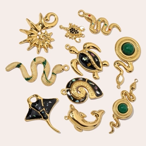 Golden stainless steel ocean animal pendants including turtle and dolphin for DIY jewelry