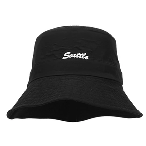 Foldable waterproof black bucket hat with Seattle embroidery for outdoor sun protection