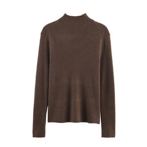 Dark brown long sleeve mock neck knit sweater with soft texture on white background