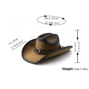 Classic straw western cowboy hat with brown gradient finish and ornate turquoise gem band