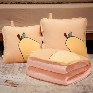 Fruit themed versatile pillow blanket set in soft yellow and pink plush for home office