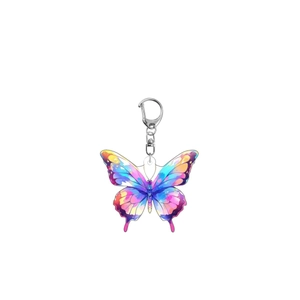 Colorful acrylic butterfly keychain with vibrant gradient patterns and silver metal hook