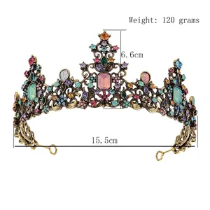 Couronne de mariée dorée vintage avec cristaux colorés et design baroque pour femmes