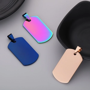 Polished stainless steel dog tag pendants in rainbow, dark blue and rose gold finishes