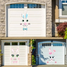Three styles of Easter bunny magnetic stickers displayed on white garage doors