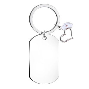 Detailed shot of silver stainless steel nurse keychain with heart and medical hat charm