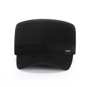 Classic black wool flat top cadet cap with silver metal plaque for men in winter