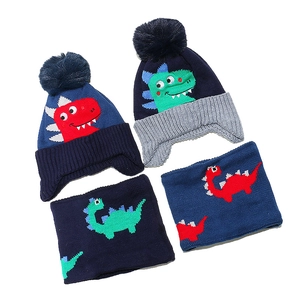 Kids Knitted Hat And Scarf Acrylic Winter Warm Dinosaur Cartoon Pom Pom Ear Protection Boys