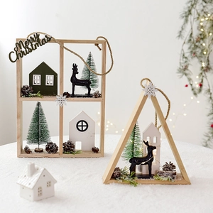 Christmas Hanging Ornaments Wooden Miniature House Nordic Style Wall Window Festive Decor Pine Cones Metal Wire Frame