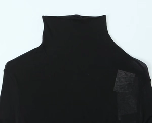 Close-up of black high-neck long-sleeve top showing thin breathable knitted texture