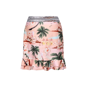 Detail of tropical print skirt with palm trees and geometric waist for beach vacations