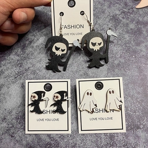 Halloween Wood Earrings Grim Reaper Ghost Skull Scythe Dark Gothic Novelty Cartoon Holiday Jewelry For Women And Girls