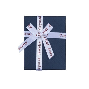 Dark blue rectangular jewelry gift box with white ribbon and Crystal Jewelry print